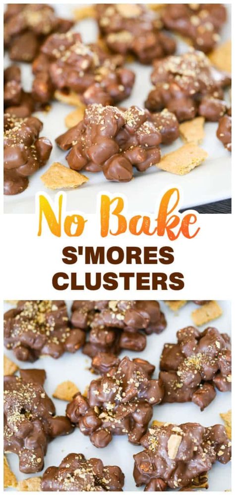 Learn how to make S'mores clusters with this easy recipe. These Chocolate S'mores clusters are packed with marshmallows, graham crackers, and melted chocolate for a perfect no-bake treat. Whether you're recreating the taste of Costco S'mores clusters or adding caramel for a twist, these bite-sized delights are a crowd-pleaser. Ideal for parties, snacks, or anytime you crave that classic S'mores flavor! S’more Clusters, S’more Bites Recipe, S’mores Chocolate Bark, S’mores Snack Mix Recipe, S’mores Candy, S’more Bites, S’mores Bites, Smores Clusters, Crowd Pleaser Desserts