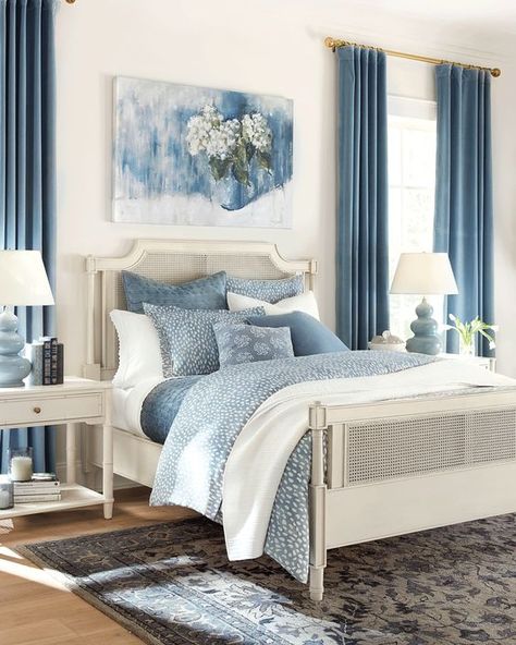 25 Blue Rooms & Why You Need this Classic Color - How to Decorate Blue Sage Bedroom, Blue And White French Bedroom, Blue And Ivory Bedroom, Blue And White Master Bedrooms Decor, Navy And Teal Bedroom, Bedroom Decorative Pillows, Cozy Blue Bedroom, Navy Room, Blue And Cream Bedroom