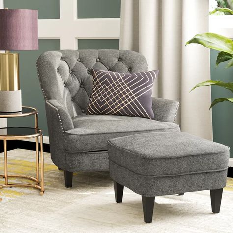 Armchair And Ottoman, Ottoman Fabric, Furnitur Ruang Keluarga, Armchair With Ottoman, Tufted Arm Chair, Chair Ottoman, Chaise Lounges, Grey Upholstery, Chair And Ottoman