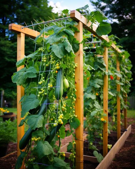 The right way to build a cucumber trellis (step-by-step guide) Garden Ideas For Vegetables, Cucumbers On Trellis, Greenhouse Trellis Ideas, Raised Garden Bed Tomato Trellis, Growing Cucumbers In A Raised Bed, Cucumber Trellis Raised Bed, Trellis Ideas For Cucumbers, Cucumbers Trellis, Trellis Vegetables