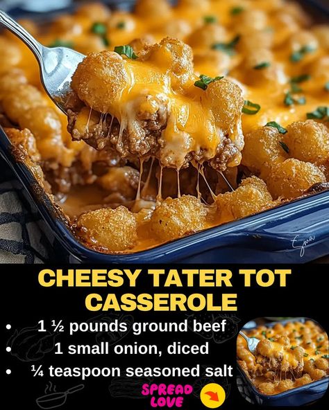 Cheesy Tater Tot Casserole Easy Tator Tot Casserole, Canned Beef Recipe, Hamburger Tater Tot Casserole, Beef Tater Tot Casserole, Easy Dinner Ground Beef, Cheesy Tater Tot Casserole, Easy Tater Tot Casserole, Cheesy Tater Tots, Tater Tot Recipes