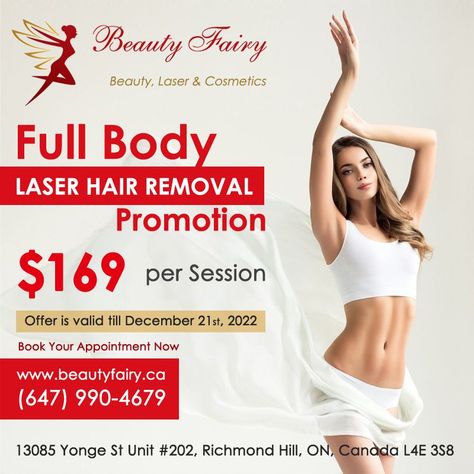 ✨Offer Valid Until December 21, 2022✨If you have been waiting for an AMAZING promotion for laser hair removal, this is it!😍📞 Phone: (647) 990-4679📬Email: info@beautyfairy.ca📍Location: 13085 Yonge St Unit #202, Richmond Hill, ON, Canada #FullBodyLaserHairRemoval #UnderArmLaserHairRemoval #BikiniLaserHairRemoval #FullLegsLaserHairRemoval #FullArmLaserHairRemoval #BackLaserHairRemoval #FaceLaserHairRemoval #Sale #Promo #Offer #PainlessLaserHairRemoval #RichmondHillLaserHairRemovalServices Body Laser, Face Laser, Underarm Hair Removal, Richmond Hill, December 21, Unwanted Hair, Laser Hair, Laser Hair Removal, Massage Therapy