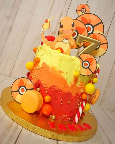 Charmander Birthday Party Ideas, Charmander Party Decoration, Pokemon Birthday Cake Charmander, Charizard Cake Ideas, Charizard Birthday Party Decorations, Charmander Cake Birthdays, Pokemon Cake Charmander, Charmander Birthday Cake, Charmander Cake Ideas