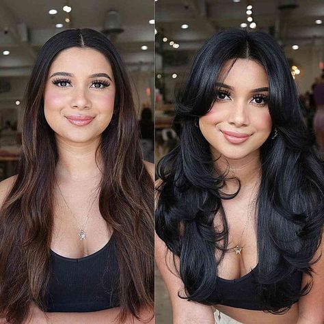 Long Jet-Black Healthy Hairstyle for a Round Face Hair 2023 Trends Bangs, Dark Hair Round Face Hairstyles, Face Forming Haircut, Face Framing Layers On Round Face, Front Flicks Haircut For Round Face, Plus Size Hairstyles With Bangs, Haircuts Round Face Long, Small Round Face Hairstyles, Hair Styles For Fuller Face