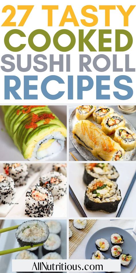 Do you love Japanese food? Try one of these easy recipes for making sushi at home. These make a healthy dinner, lunch or snack food for the family. Diy Sushi Recipes, Sushi Recipes Cooked Fish, How To Make Cooked Sushi, Kid Sushi Ideas, Homemade Cooked Sushi Rolls, Culinary Recipes Dinners, Recipes For Snacks Healthy, Non Seafood Sushi, No Fish Sushi Recipes