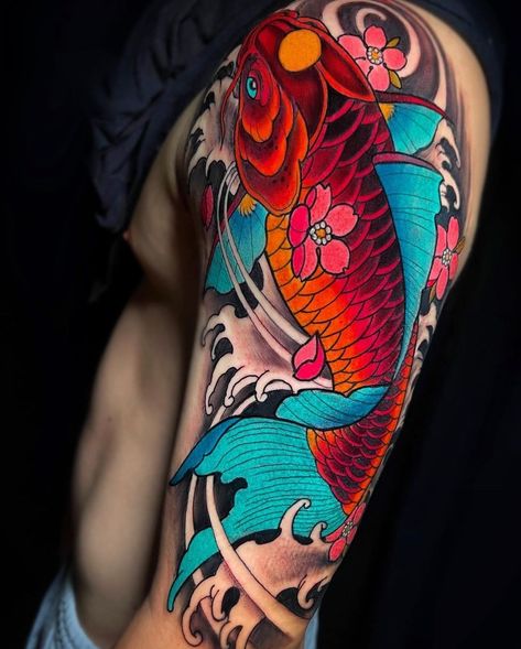 Colourful Koi Fish Tattoo, Coi Tattoo For Men, Color Fish Tattoo, Japanese Color Tattoo, Koi Fish Tattoo For Men, Pez Koi Tattoo, Traditional Owl Tattoos, Koi Dragon Tattoo, Samurai Tattoo Sleeve