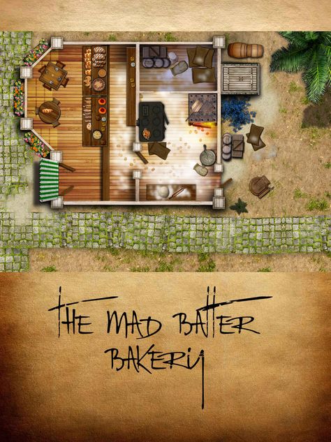 The Mad Batter Bakery by ladnamedfelix by ladnamedfelix Dnd Candy Map, Dnd Bakery Map, Dnd Dining Room Map, Dnd Shop Map, Dnd Wagon Map, Bread Pastry, Dnd Room, Pathfinder Maps, Fantasy Cities