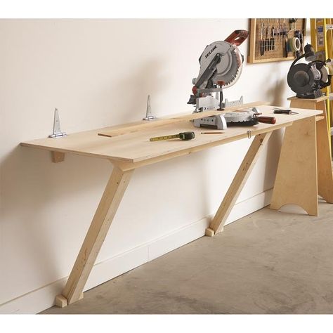 Fold-Flat Workbench Folding Workbench, Workbench Plans, Garage Work Bench, Wall Table, Woodworking Bench, Diy Garage, Garage Workshop, Garage Storage, Woodworking Shop