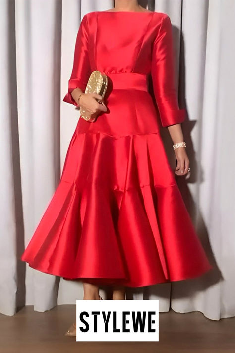 Tea Length Prom Dress, Robes Glamour, Short Frock, Three Quarter Sleeve Dresses, Fitted Midi Dress, Frock Design, Red Satin, Tea Length, Types Of Dresses