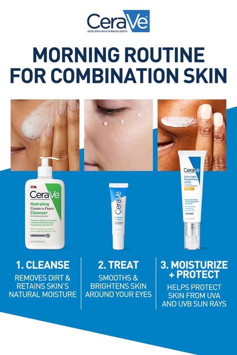 Build a routine to help cleanse and hydrate combination skin that’s dry in some areas and oily in others with CeraVe. Developed with dermatologists. Cerave Combination Skin, Perfect Skin Care Routine For Oily Skin, Perfect Skin Care Routine For Dry Skin, Cerave Skincare Before And After, Combined Skin Care Routine, Cerave Moisturizer For Combination Skin, Routine For Combination Skin, Combination Skin Care Products, Cerave Skincare Routine Dry Skin