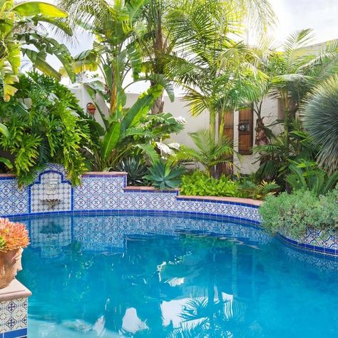 75 Pool Ideas You'll Love - December, 2023 | Houzz Spanish Pool Ideas, Mexican Tile Pool Spanish Style, Modern Spanish Pool Design, Spanish Revival Pool, Mexican Style Pool, Mexican Pool Tile, Mexican Tile Pool, Mediterranean Pool Tile, Spanish Pool Design