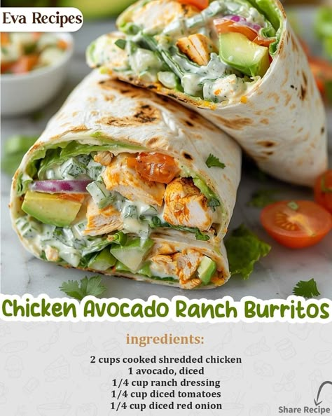 Soul Food Meal Prep, Avocado Chicken Wrap, Chicken Avocado Wrap, Burrito Recipes, Weeknight Casseroles, Healthy Breakfast Burrito, Lunch Meals, Avocado Ranch, Food Meat