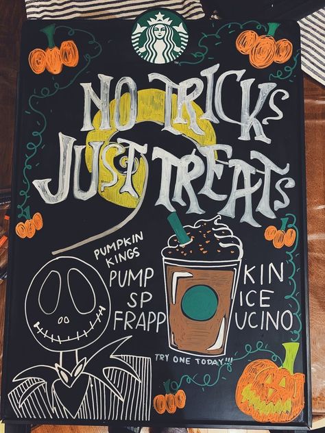 Starbucks Signs Chalk Fall, Starbucks Fall Board, Fall Starbucks Signs, Starbucks Halloween Board, Starbucks Design Poster, Fall Themed Chalkboard, Halloween Cafe Decor, Coffee Board Ideas, Coffee Shop Chalkboard Signs