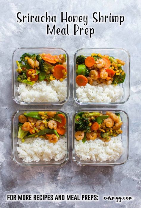 This Sriracha Honey Shrimp Meal Prep is perfect for days where you are craving a stir fry. Made in under 30 minutes, this pan-seared shrimp with veggies mixed in, is the perfect blend of sweet and hot. This Sriracha Honey Shrimp recipe is not only great as a meal prep but perfect as a quick weeknight dinner. via @runcarmyrun Shrimp Meal Prep High Protein, Prawn Meal Prep, Shrimp Diet Recipes, Glass Meal Prep Recipes, Shrimp Meal Prep Ideas, Shrimp With Veggies, Rice Bowl Ideas, Board Meals, Mealprep Lunch