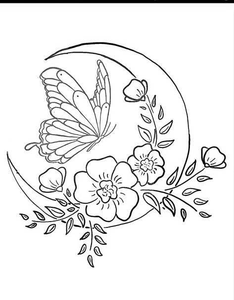 Butterfly And Moon Drawing, Aesthetic Outline, Butterfly Drawing Outline, Butterfly Outline, Flower Pattern Drawing, Hand Tattoos For Girls, Butterfly Mandala, Tattoo Design Book, Diy Embroidery Patterns