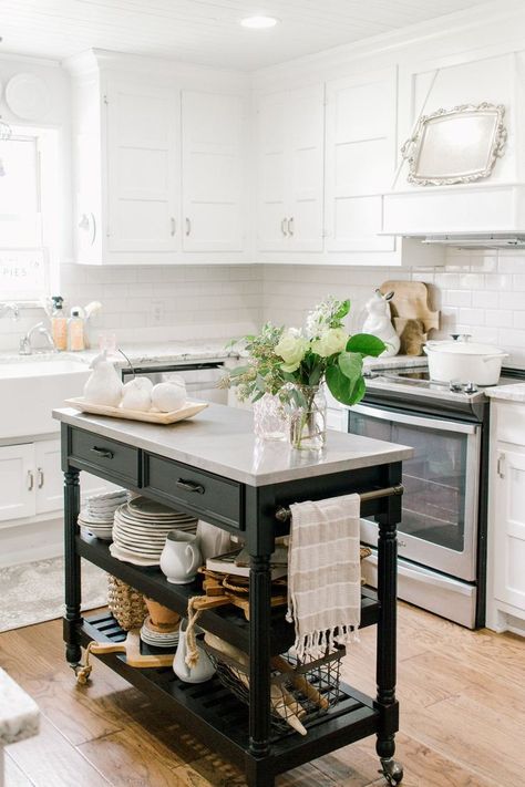 My Little White Barn Home Tour  - Spring Decor Inspiration - Kitchen - Black Island with White Cabinets - Rolling Island - Farmhouse Kitchen - White Kitchen Cabinets with Hardwood Small Kitchen Island Ideas, Small White Kitchens, Portable Kitchen Island, Kitchen Island On Wheels, Rolling Kitchen Island, Small Kitchen Island, Kitchen Island Table, Kitchen Island Cart, White Kitchen Island