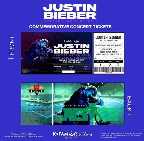 Justin Bieber Tickets, Justice World Tour, Ticket Design Template, Justin Bieber Imagines, Justin Bieber Concert, Believe Tour, Ticket Stub, Ticket Design, Justin Beiber