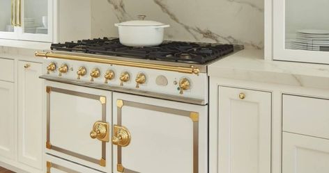 La Cornue CORNUFÉ 110 Range - Castle Kitchens La Cornue Cornufé 110 Range, Cream And Gold Kitchen, Cornue Range, La Cornue Stove, La Cornue Range, Castle Kitchens, Kitchen Range, Gold Kitchen, Luxury Kitchen Design