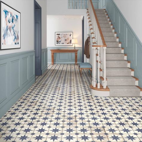 Welcome the Star Blue tile to your home, a ceramic floor tile with a charming star pattern in a deep blue colour, paired with a rustic, weathered look for added character. Designed with printed lines that create the illusion of four smaller tiles, it's easy to install and adds a touch of vintage charm to any room. Utility Toilet, Victorian Bungalow, Victorian Hallway Tiles, Hallway Tiles Floor, Hall Tiles, Wood Wall Tiles, Entryway Tile, Karndean Flooring, Cheap Tiles