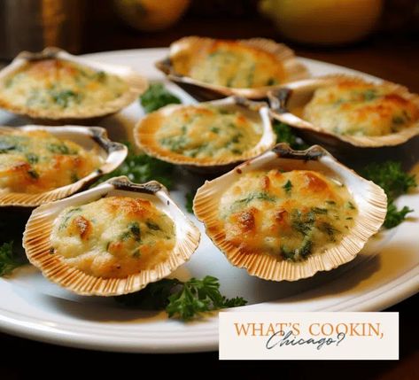 Stuffed Scallops on The Half Shell | What's Cookin' Chicago Scallop In Shell, Scallops On The Half Shell Recipe, Stuffed Scallops, Bay Scallop Recipes, Scallop Appetizer, Best Picnic Food, Seafood Scallops, How To Cook Scallops, Baked Scallops