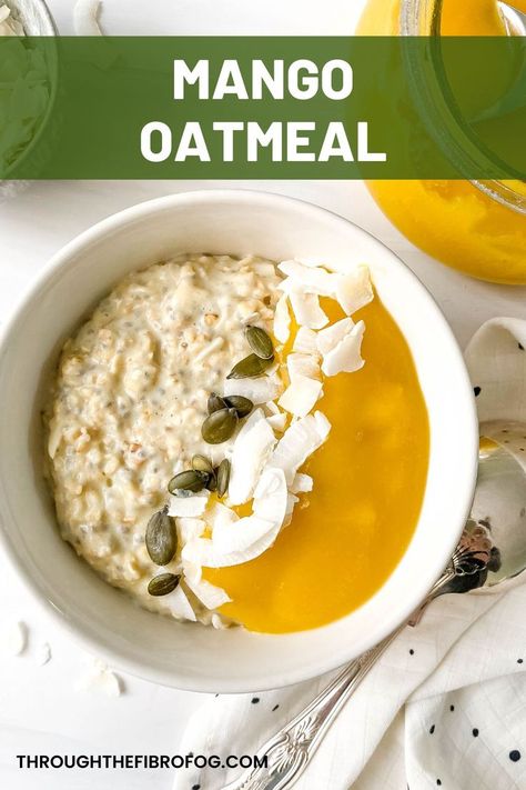 labelled mango oatmeal in a cream bowl next to a glass jar of mango puree and a bowl of coconut flakes. Low Histamine Breakfast, Warming Breakfast, Tasty Breakfast Recipes, Mango Oatmeal, Family Friendly Breakfast, Low Histamine Foods, Dinner Recipes Healthy Family, Fibro Fog, Low Histamine Diet