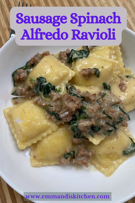 Ravioli And Sausage Recipe, Sausage And Ravioli, Sausage Ravioli Recipe, Ravioli With Sausage, Italian Sausage Ravioli, Ravioli Alfredo, Alfredo With Spinach, Alfredo Ravioli, Spinach Dish