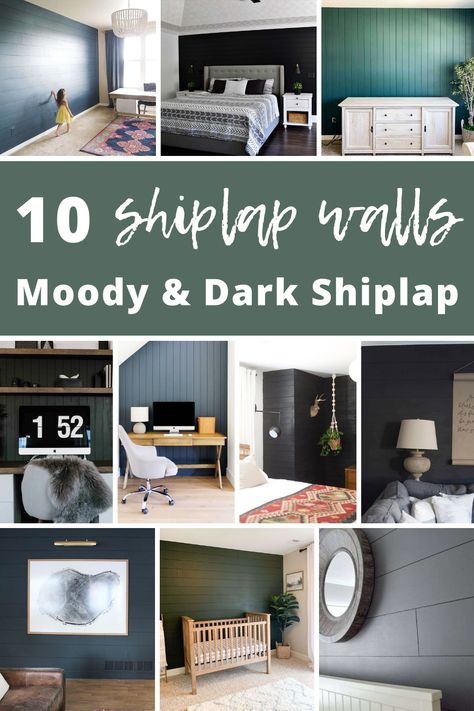 Dark Shiplap Wall, Dark Shiplap, Black Shiplap Wall, Basement Wall Colors, Shiplap Wall Ideas, Shiplap Feature Wall, Black Shiplap, Gray Shiplap, Painting Shiplap