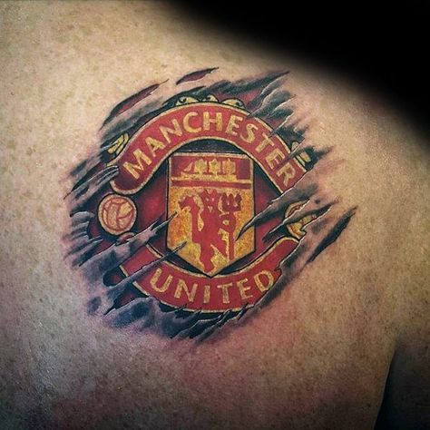 40 Manchester United Tattoo Designs For Men - Soccer Ideas Manchester United Tattoo, Man Utd Tattoo, Manchester United Badge, Soccer Tattoos, Best 3d Tattoos, Manchester United Logo, Back Of Shoulder Tattoo, Chest Tattoo Men, 3d Tattoo