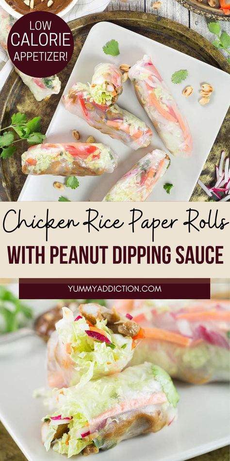 Spring Rolls Chicken Rice Paper, Rice Paper Rolls With Chicken, Low Calorie Vietnamese Recipes, Rice Paper Rolls Low Calorie, Chicken Spring Roll Recipe Rice Paper, Chicken Rice Rolls, Asian Rolls Rice Paper, Thai Rice Paper Rolls, Low Calorie Rice Paper Rolls