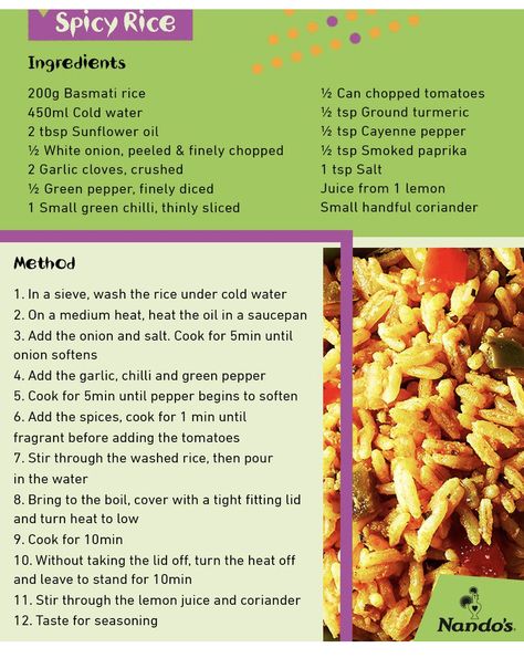 Nando’s Spicy Rice Recipe, Spicy Rice Recipes Easy, Nandos Recipes, Savoury Rice Recipes, Spicy Rice Recipes, Nandos Spicy Rice, Nandos Fakeaway, Macho Peas, Spicy Rice Recipe