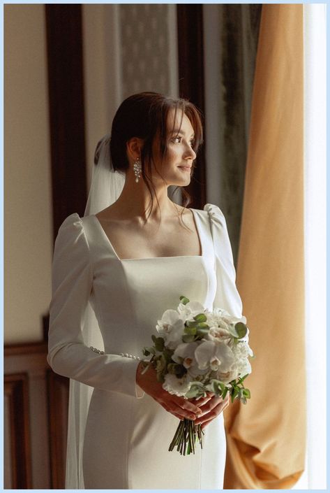 Simple Dress Long Sleeve, Simple Dresses Long, Wedding Dress With Square Neckline, Sleeve Mermaid Wedding Dress, Square Neckline Wedding Dress, Long Sleeve Wedding Dress Simple, Elegant Long Sleeve Wedding Dresses, Long Sleeve Mermaid Wedding Dress, Plain Wedding Dress