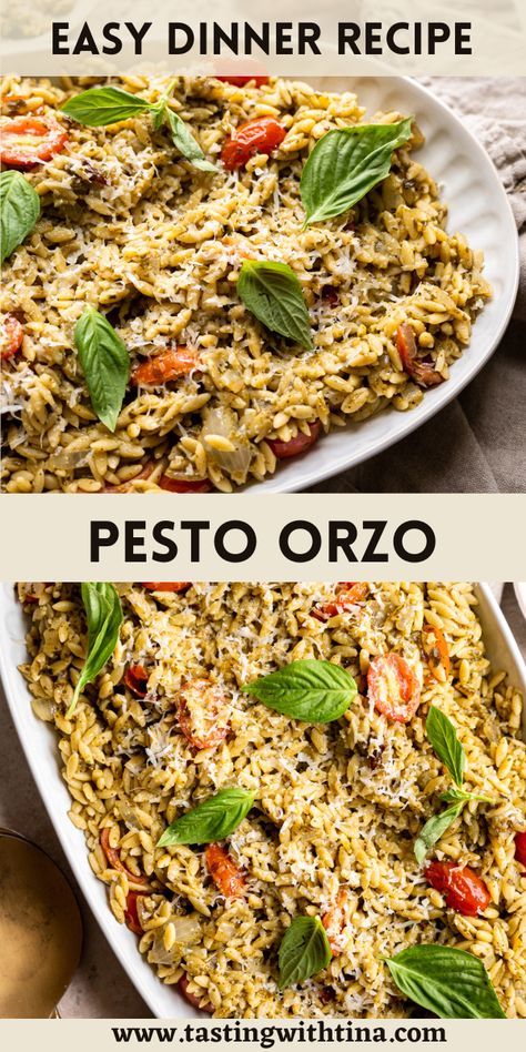 You are going to love this Pesto Orzo! This recipe has deliciously chewy orzo, flavorful pesto and juicy cherry tomatoes. This is a great weeknight recipe because it is easy to make and pairs well with a variety of main course dishes. Orzo And Pesto Recipes, Boursin Pesto Orzo, Salmon Orzo Recipe, Low Ingredient Meals, Orzo Pesto, Dinners Weeknight, Pesto Orzo, Pesto Dishes, Creamy Pesto Pasta