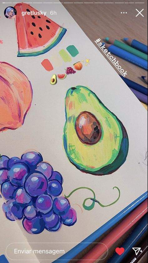 Pencil Color Sketches Artworks, High Saturation Art, Gouche Food Painting, Fruit Drawings Aesthetic, Marker Art Ideas Easy Aesthetic, Watercolor Art Projects High School, Shuttle Art Markers Drawings, Candy Drawing Aesthetic, Coloured Drawing Ideas