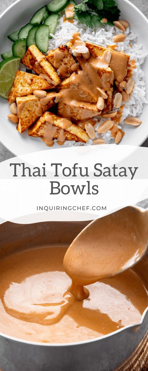 Thai Tofu Bowl, Vegetarian Satay Recipe, Tofu Satay Recipe, Buddha Satay Bowl, Satay Tofu Recipe, Tofu Recipes Peanut Sauce, Thai Tofu Recipes, Crispy Wedges, Thai Peanut Tofu Bowl