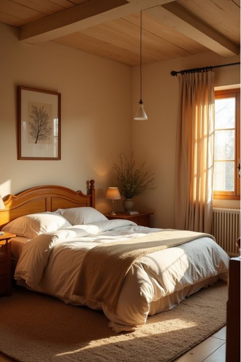 Small bedroom with warm beige walls and brown wooden furniture Yellow Beige Bedroom Ideas, Yellow Walls Room Aesthetic, Sleeping Room Wall Color, Yellow Wall Room Aesthetic, Beige Paint Bedroom, Beige Walls Bedroom Colour Palettes, Cozy Room Colors, Warm Room Colors, Light Brown Room