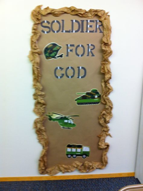 Sunday School Lords Army Trunk Or Treat, Lords Army Vbs, Bible Boot Camp, Sunday School Themes, Sunday School Room Decor, Church Trunk Or Treat, Army Boot Camp, Sunday School Classroom Decor, God's Army