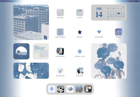 Theme For Tablet, Aesthetic Ipad Layout Blue, Homescreen Layout Tablet, Ipad Homescreen Ideas Light Blue, Aesthetic Ipad Setup Blue, Ipad Wallpaper Ideas Blue, Blue Ipad Homescreen Ideas, Tablet Theme, Blue Ipad Theme