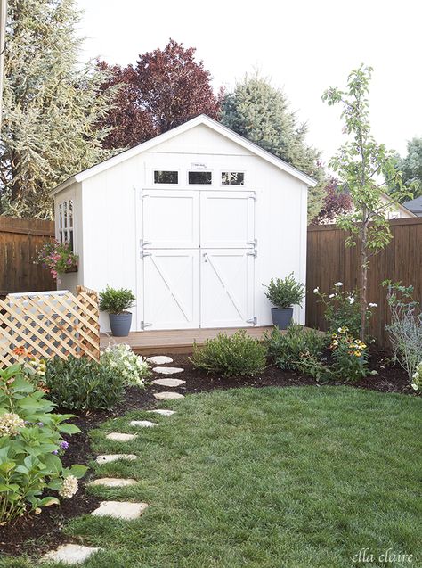 Stepping stones and landscaping around the shed... Build a smallish porch on front of our shed. Backyard Shed Landscaping, Shed Build, Shed Landscaping, Shed Makeover, Backyard Storage Sheds, Shed Construction, Wood Storage Sheds, Backyard Storage, Large Sheds