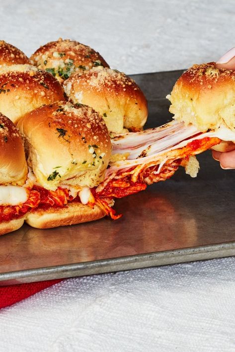 Shredded Chicken Parm Sliders - Delish.com Best Shredded Chicken, Chicken Parm Sliders, Parm Sliders, Blt Bites, Sliders Recipes, Ham Cheese Sliders, Slider Sandwiches, Potato Rolls, Amazing Meals