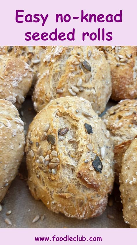 Homemade Seeded Bread, No Knead Seeded Bread, Healthy Bread Rolls, Healthy Buns Recipe, No Knead Rolls Easy, Danish Bread Recipe, No Knead Rolls, No Knead Whole Wheat Bread, Healthiest Bread