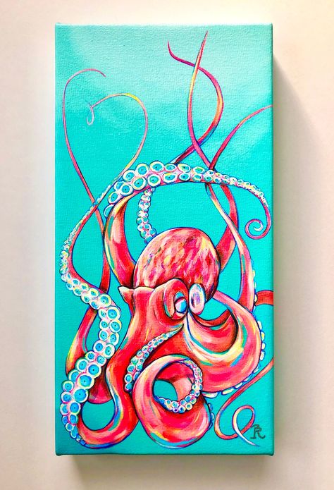 This red and pink tako 🐙 (octopus) painted in fun bright colors with aqua and turquoise background ready to brighten and inspire any space. The original was painted using acrylic paints. * Printed with high quality UV resistant pigment and protected with a high quality, UV resistant, satin varnish. * Hand-made and stretched canvas prints standard sizes are 4x8 or 8x16 inches. * Frame-able art prints are printed on luster paper in 5x7 or 8x12 inches sizes mounted on cardstock (5x7) or chipboard Painting Octopus Acrylic, Octopus Painting Ideas, Cool Animal Paintings, Octopus Pop Art, Colorful Animal Paintings Acrylics, Octopus Canvas Painting, Octopus Painting Acrylic Easy, Octopus Painting Easy, Bright Painting Ideas