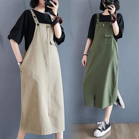 Korean Jumper Outfit, Jumper Dress Outfit Korean, Dress Jumper Outfit, Modest Outfits Dresses, Jumper Outfit Jumpsuits, Jumper Dress Outfit, Strap Skirt, Ladylike Style, Frock For Women