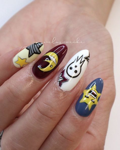 Soul Eater nails🔥 . . inspo: @a4ngelnails . . #nails #nailusa #nailart #naildesign #nailsofinstagram #naildesigns #nailsoftheday #naildesignsideas #gel #gelnails #raleigh #durham #nail inspo #raleighnailtech #ncnails #raleighnails #raleighnailtech #trend #trendynails #BIAB #BIABnails #naturalnails #fallnails #animenails #souleater Soul Eater Inspired Nails, Soul Eater Nails, Tsubaki Soul Eater, Themed Nails, Anime Nails, Soul Eater, Nails Inspo, Trendy Nails, Nail Tech