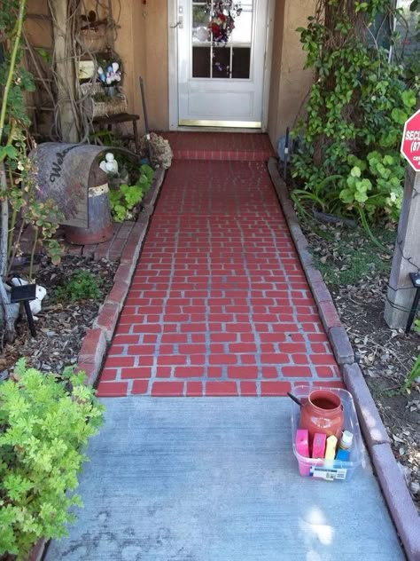 faux brick walkway used a mixture of leftover paints and a sponge, concrete masonry, Is this walkway getting longer Faux Brick Panels, Brick Edging, Brick Walkway, Faux Brick Walls, Bricks Diy, Brick Paneling, Leftover Paint, Faux Brick, Brick Colors