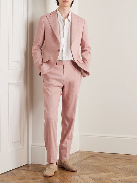 Find RICHARD JAMES Straight-leg Linen-blend Suit Trousers Uk/us 30 on Editorialist. Founded on Savile Row in 1992, Richard James is renowned for its colourful suiting. These straight-leg trousers are tailored from a comfortable linen-blend and have side adjusters, so they feel nice and streamlined. Style yours with the matching jacket. Pink Suit Groomsmen, Fun Groom Suit, Pink Suits For Men, Men Pink Outfit, Pink Suit Wedding, Pink Outfit Men, Light Pink Suit, Pink Suit Men, Linen Suits For Men