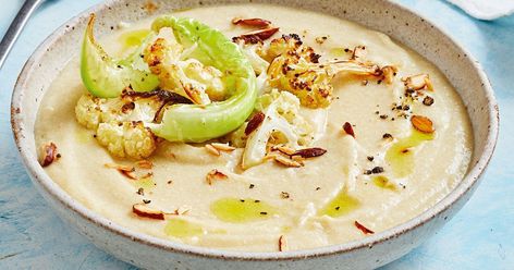 Creamy cauliflower and miso soup Miso Cauliflower, Risoni Salad, Soup And Stew Recipes, Cauliflower Leaves, Best Soups, Miso Soup Recipe, Grilled Prawns, Cauliflower Soup Recipes, Creamy Cauliflower