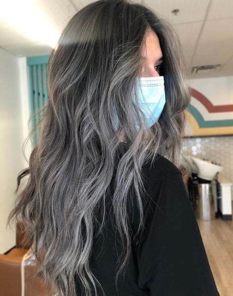 Smoky Black Hair, Platinum Gray Highlights, Smoky Hair Color Brown, Ash Grey Highlights On Black Hair, Dark Gray Highlights, Dark Hair With Grey Highlights, Smoky Grey Hair, Smoky Highlights, Gray Balayage On Dark Hair