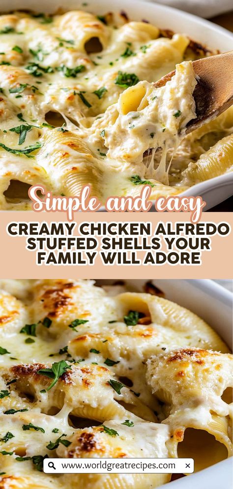 Dive into a comforting dish that brings together rich flavors and creamy textures with these Chicken Alfredo Stuffed Shells. Perfectly cooked jumbo pasta shells are generously filled with a savory chicken and cream cheese mixture, all topped with a luscious Alfredo sauce and gooey mozzarella cheese. This easy-to-follow recipe is ideal for family dinners or special occasions, and you can even customize it with your favorite veggies. Your taste buds will thank you for this delightful meal! Jumbo Shell Recipes, Chicken And Cream Cheese, Quick Easy Family Meals, Alfredo Stuffed Shells, Chicken Alfredo Stuffed Shells, Shell Pasta Recipes, Jumbo Pasta Shells, Pasta Recipes Alfredo, Shells Recipe