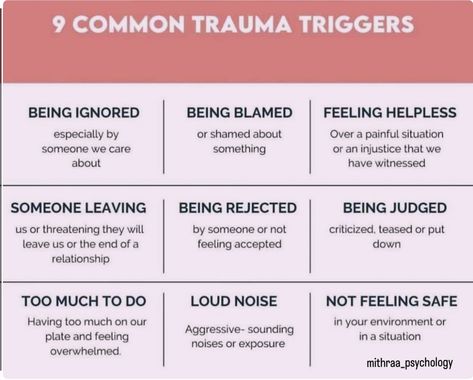 A trauma trigger is a psychological stimulus that prompts involuntary recall of a previous traumatic experience. The stimulus itself need not be frightening or traumatic and may be only indirectly or superficially reminiscent of an earlier traumatic incident. Examples of common triggers include: 1. Anniversary dates of losses or trauma. 2. Frightening news events. 3. Too much to do, feeling overwhelmed. 4. Family friction. 5. The end of a relationship. 6. Too much time alone. 7. Judgment, c... What Are My Triggers, Common Triggers, Identifying Triggers, End Of A Relationship, 1 Anniversary, 4 Family, Time Alone, Feeling Helpless, Ending A Relationship