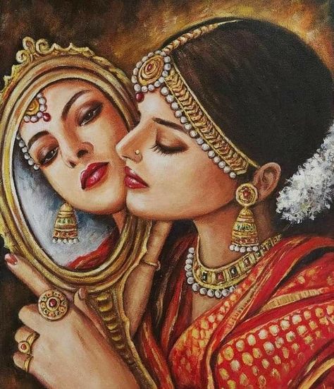 Asthetic Indian Painting, Indian Mirror Art, Painting Reflection, Markers Drawing, Sun Drawing, Rajasthani Art, Acrylic Ideas, Indian Women Painting, Boho Art Drawings